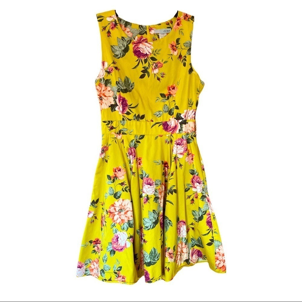 Yellow Floral Sleeveless Fit Flare Midi Dress Belted Summer Garden‎ Party Medium - Picture 4 of 7